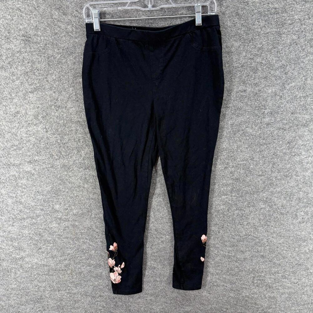 Style&co. Pants Women PM Petite Black Floral Mid Rise Skinny Flat Front Chino